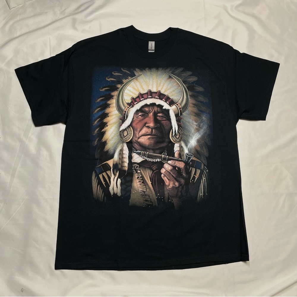 Native American Chief T-Shirt with Peace Pipe and Feathers Design